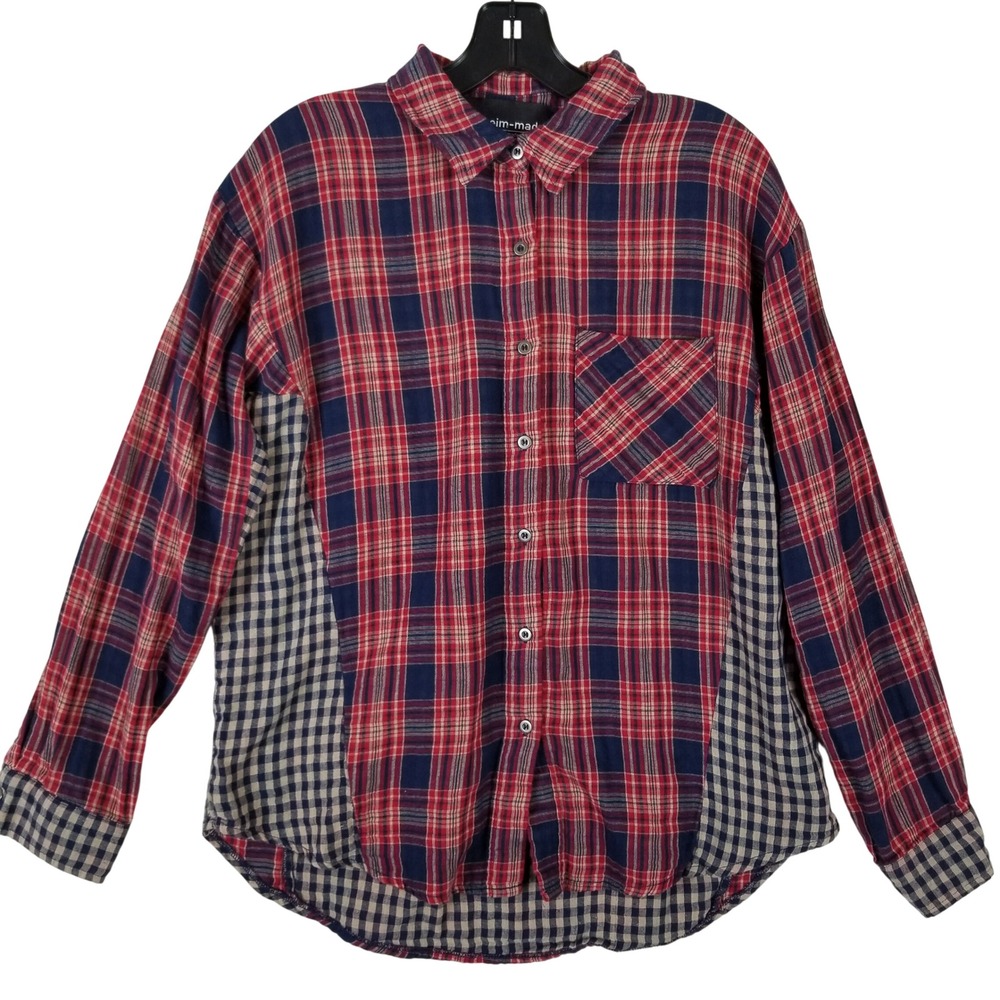 Heim-made Mixed Plaid Gingham Button Down‎ Shirt Red Navy Blue Small 20481